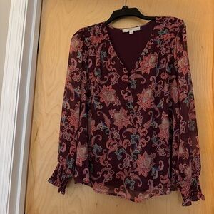 Floral V-Neck Blouse - Burgundy